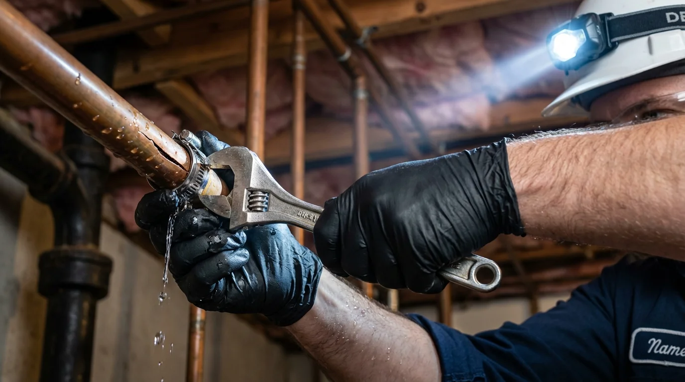 Emergency pipe clamp repair being performed by a Johns Plumbing LLC plumber in Oviedo