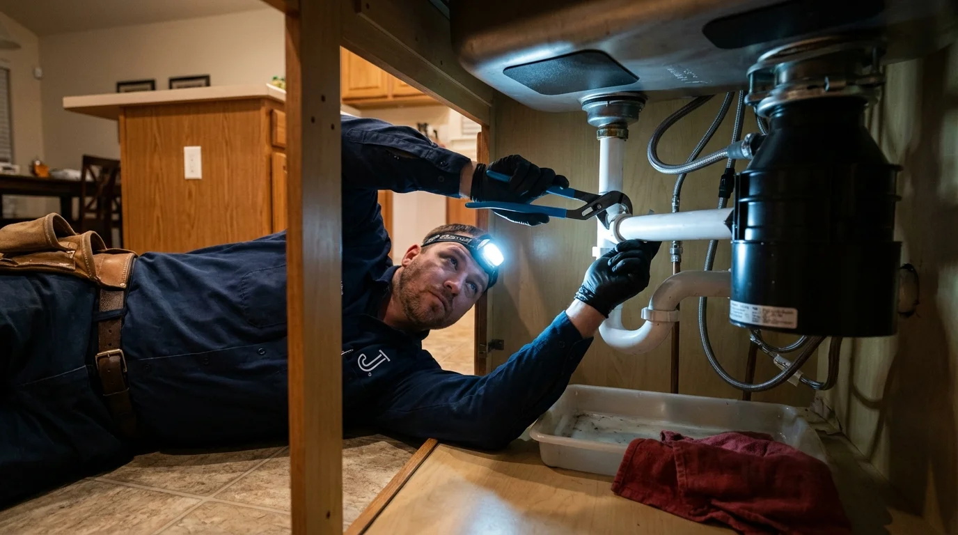 P-trap and supply line connections under a kitchen sink showing a common leak point in Oviedo, FL